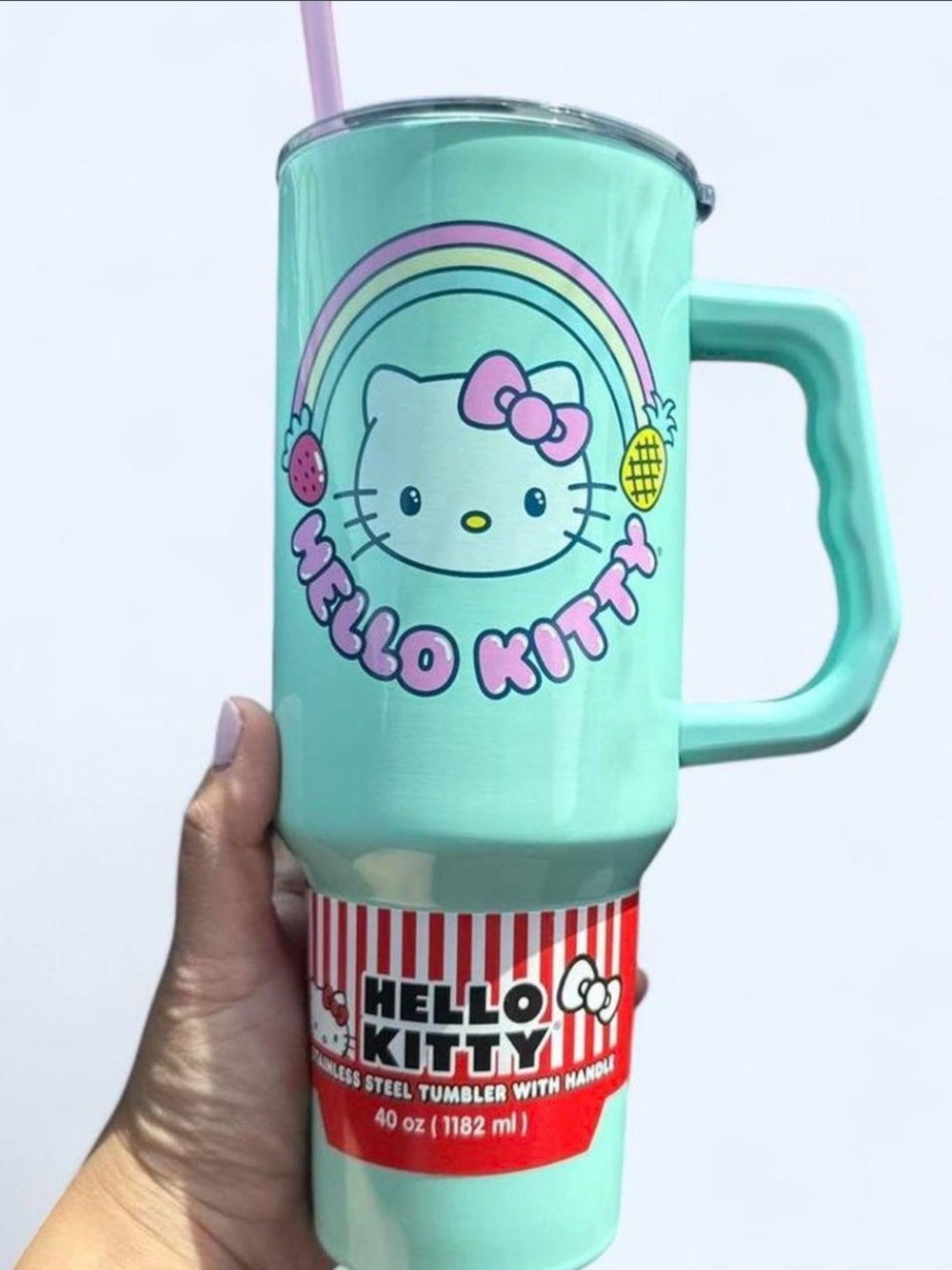 Hello Kitty Mint Pink Yellow Rainbow Tumbler with Handle